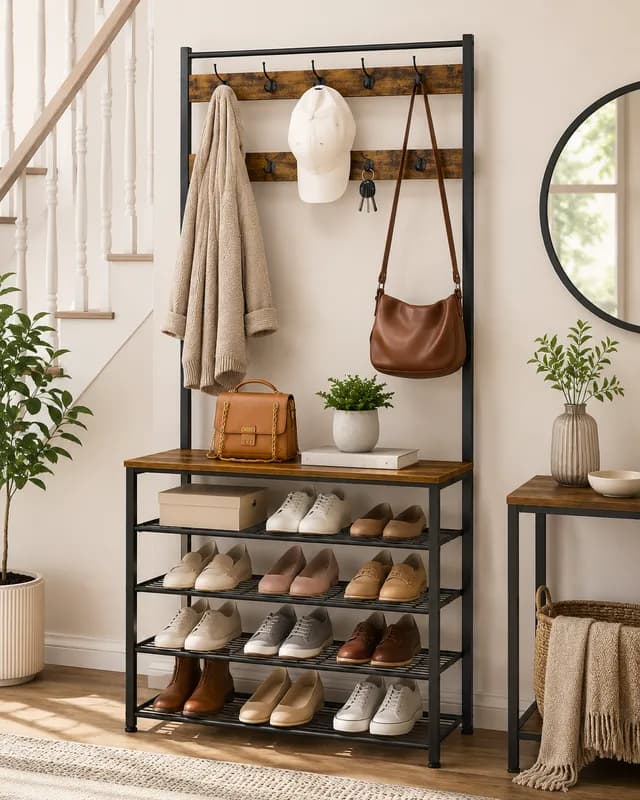 Rustic Hall Tree with Shoe Storage Bench – Entryway Coat Rack Organizer for a Clutter-Free Home